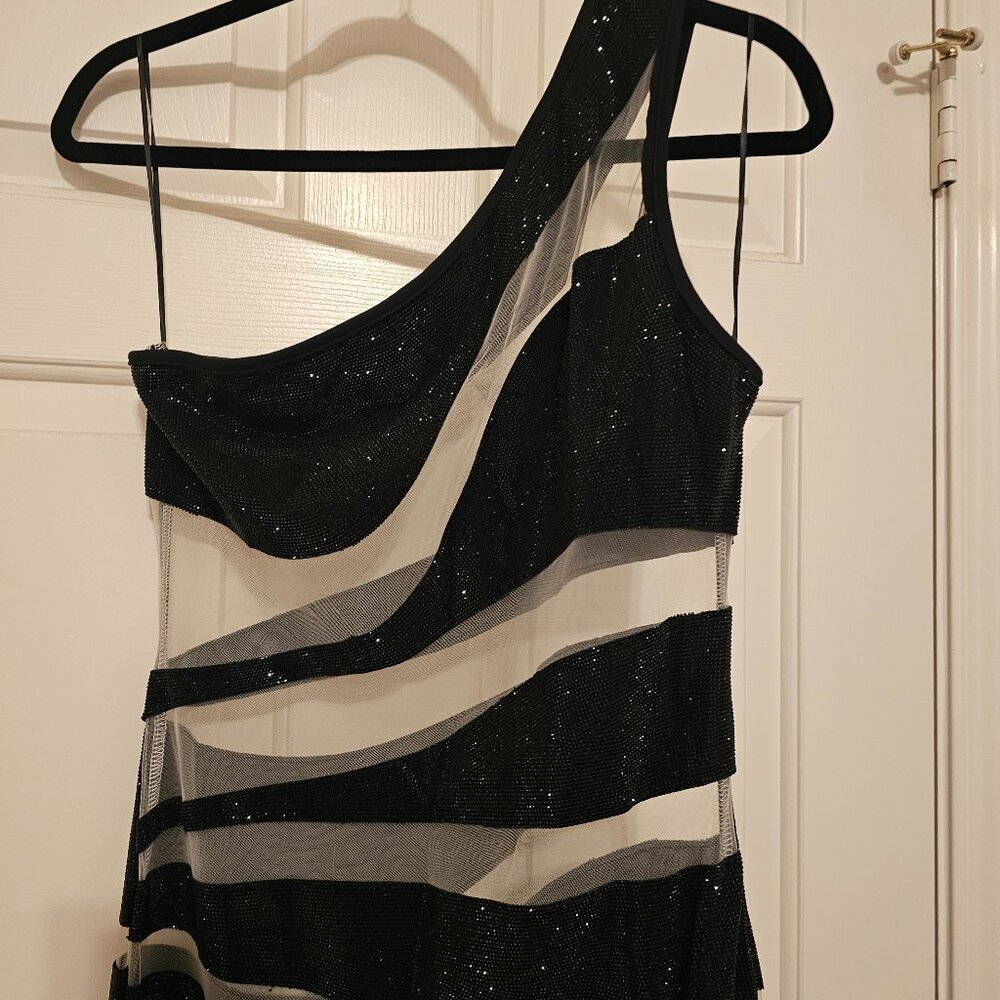 Rhinestone & Sheer Cocktail Dress - Picture 2 of 9